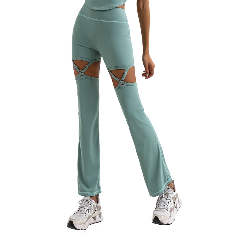 Pantalones de yoga transfronterizos de comercio exterior para mujeres sin vergüenza línea hueca con cordones personalizados de alta elasticidad de secado rápido deportes fitness pantalones acampanados