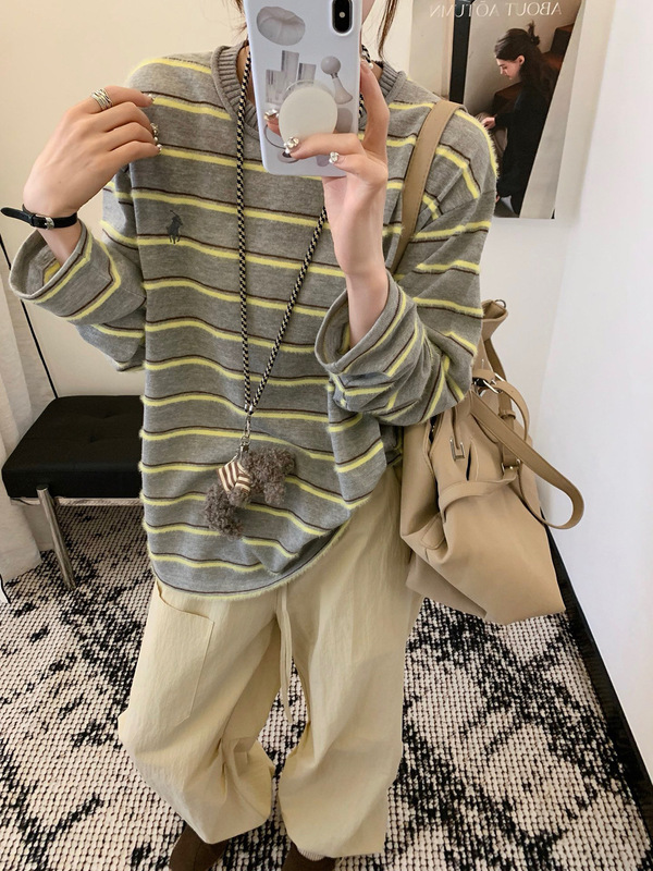 韩系撞色条纹长袖T恤女2025早秋新款宽松休闲显瘦慵懒风打底衫|undefined