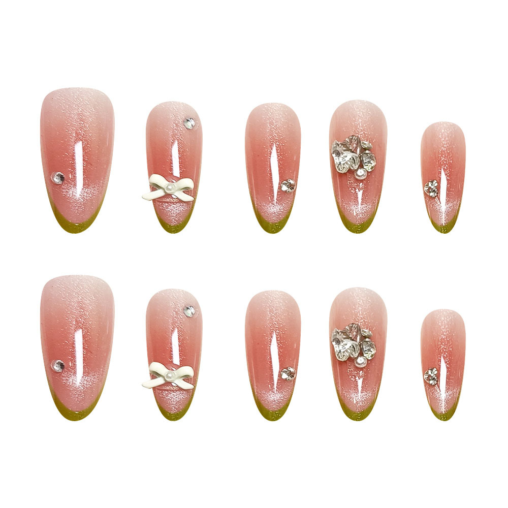 Moda verde francés con uñas, polvo brillante, ojos de gato de diamantes, uñas hechas a mano, uñas postizas de lazo de 10 piezas