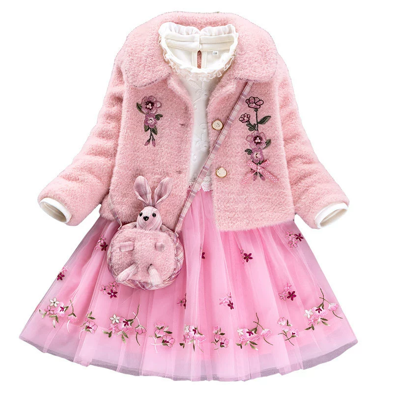 Demi-season warm dress, skirt, set, velvet children's down jacket, small princess costume, children's clothing