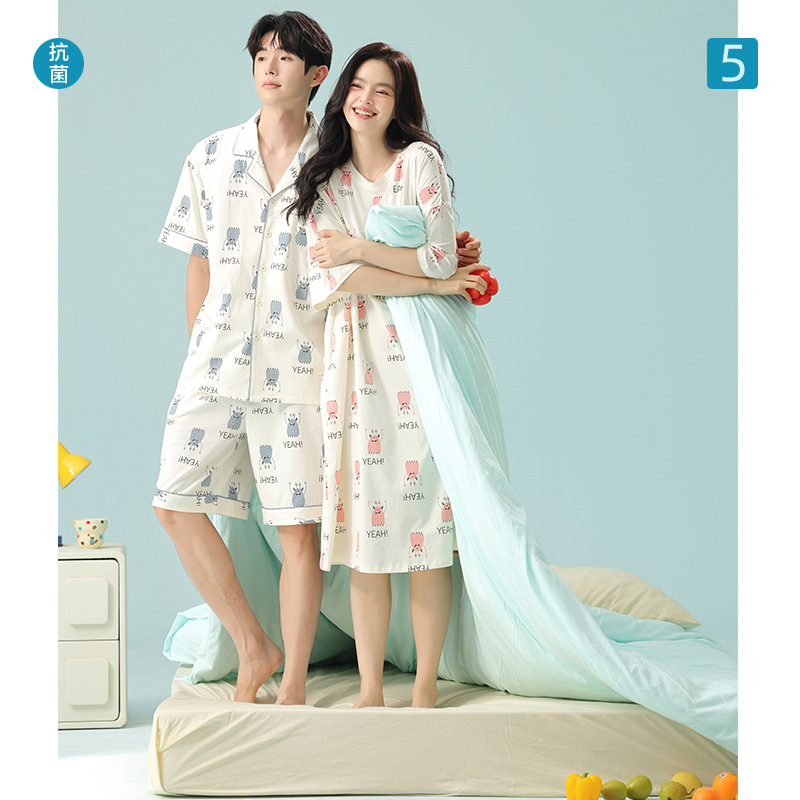 [Antibacterial Xinjiang Cotton] Spring and Summer Lash Cotton Couple Pajamas Short-sleeved Women's Nightgown Thin Men's Home Clothes