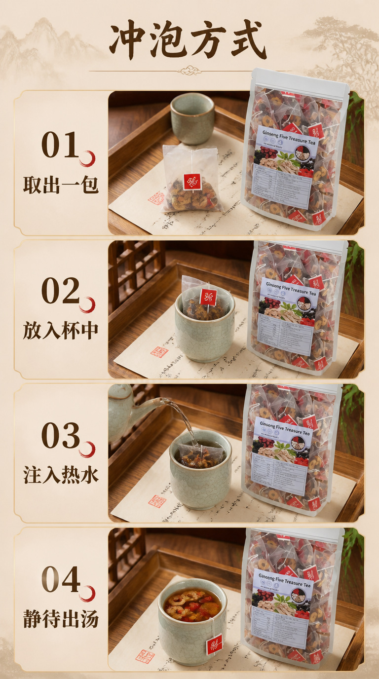 Wu Bao Tea Five Treasure Herbal Tea Bags with Ginseng Goji Mulberry Red Date Maca 250g 10 Individually Wrapped Sachets specifications