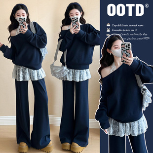 2025 spring new fashion design sense oblique shoulder sweater suit pig nose buckle adjustment lace hanging neck