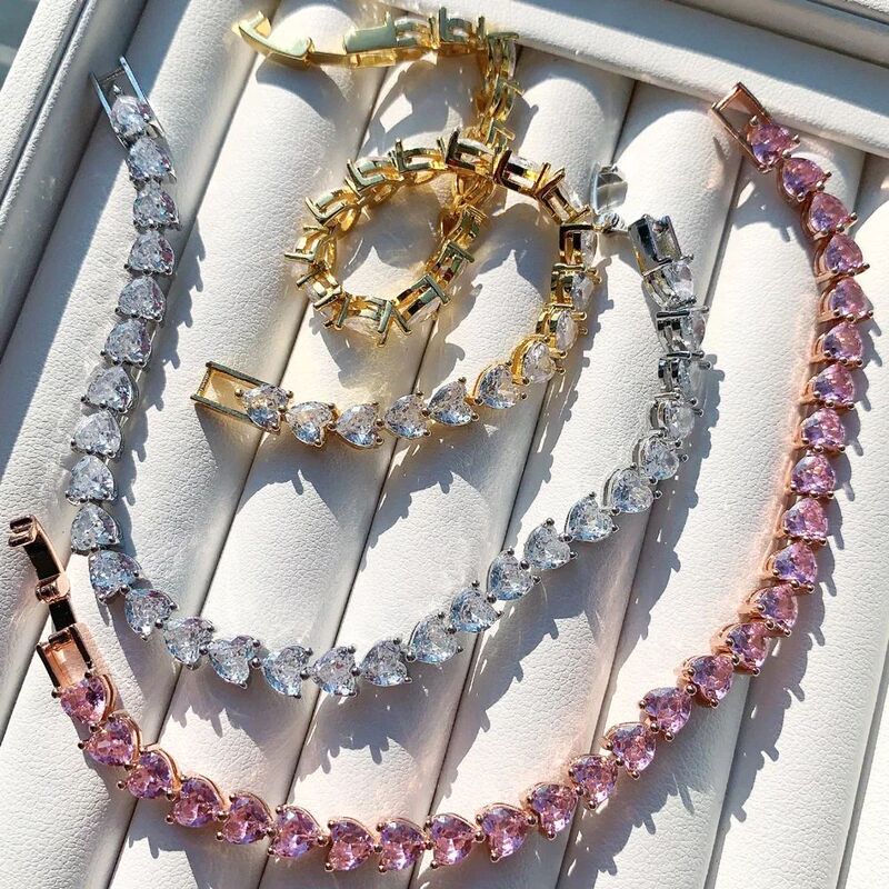 Cross-Border 5mm Heart-Shaped Zircon Tennis Chain Bracelet, 3 Colors Wholesale Heart Zircon Bracelet