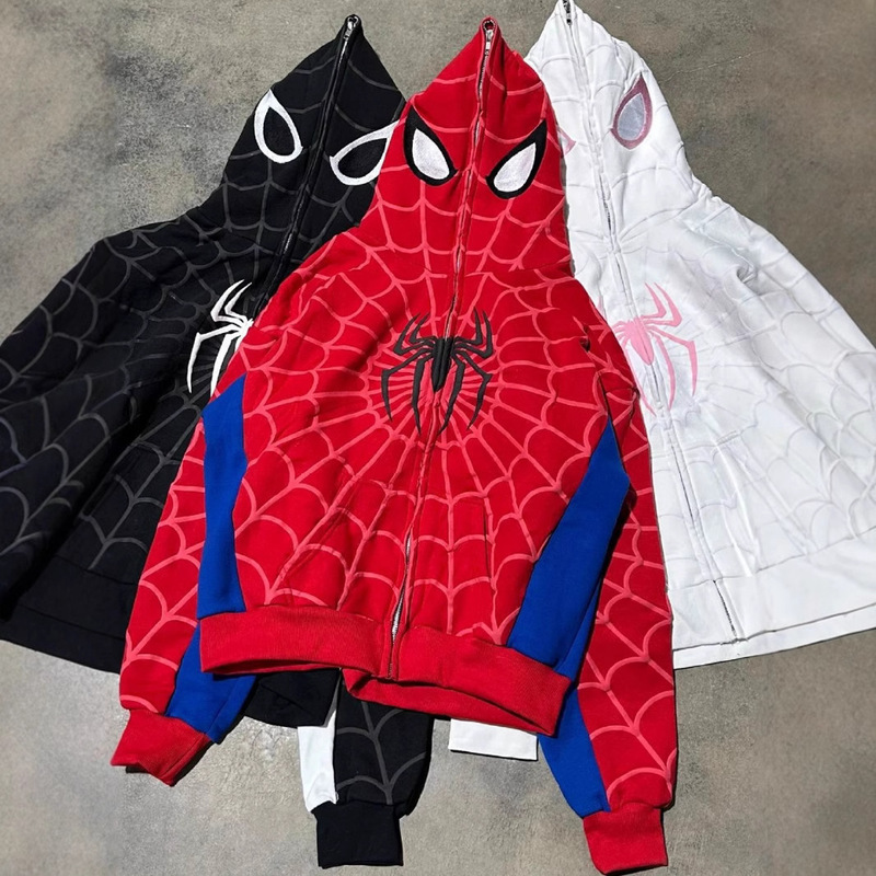 European and American Cross-border New Gothic Dark Spider Printed Hooded Cardigan Full Chain Loose Trendy Brand Sweater Jacket for Men and Women