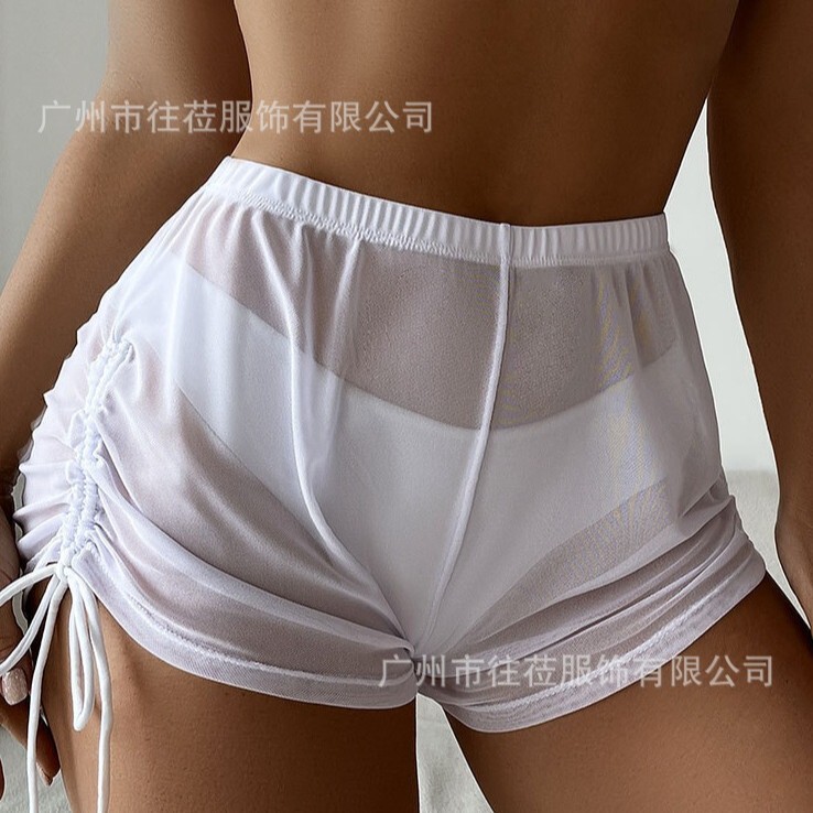 New European and American Style Sexy Solid Color Swimsuit with Transparent Swim Cap, Mesh Drawstring Beach Swim Shorts, Bikini That Can Be Worn Outside