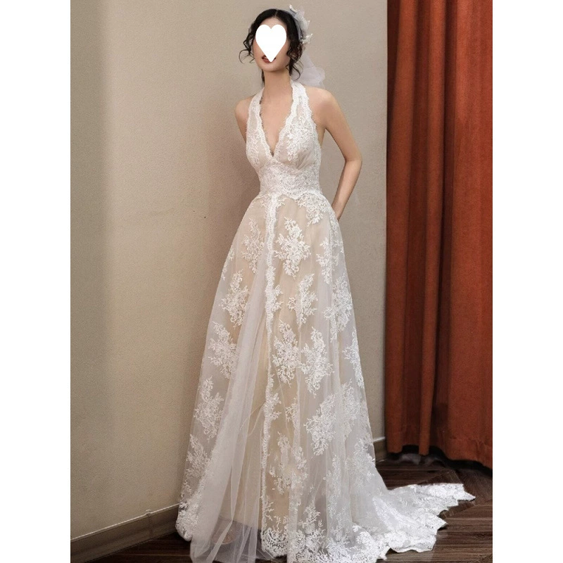 Французское ретро-кружевное свадебное платье невесты, высококачественная свадебная фата в лесном стиле, халат с v-образным вырезом и воротником-стойкой, обручальное платье