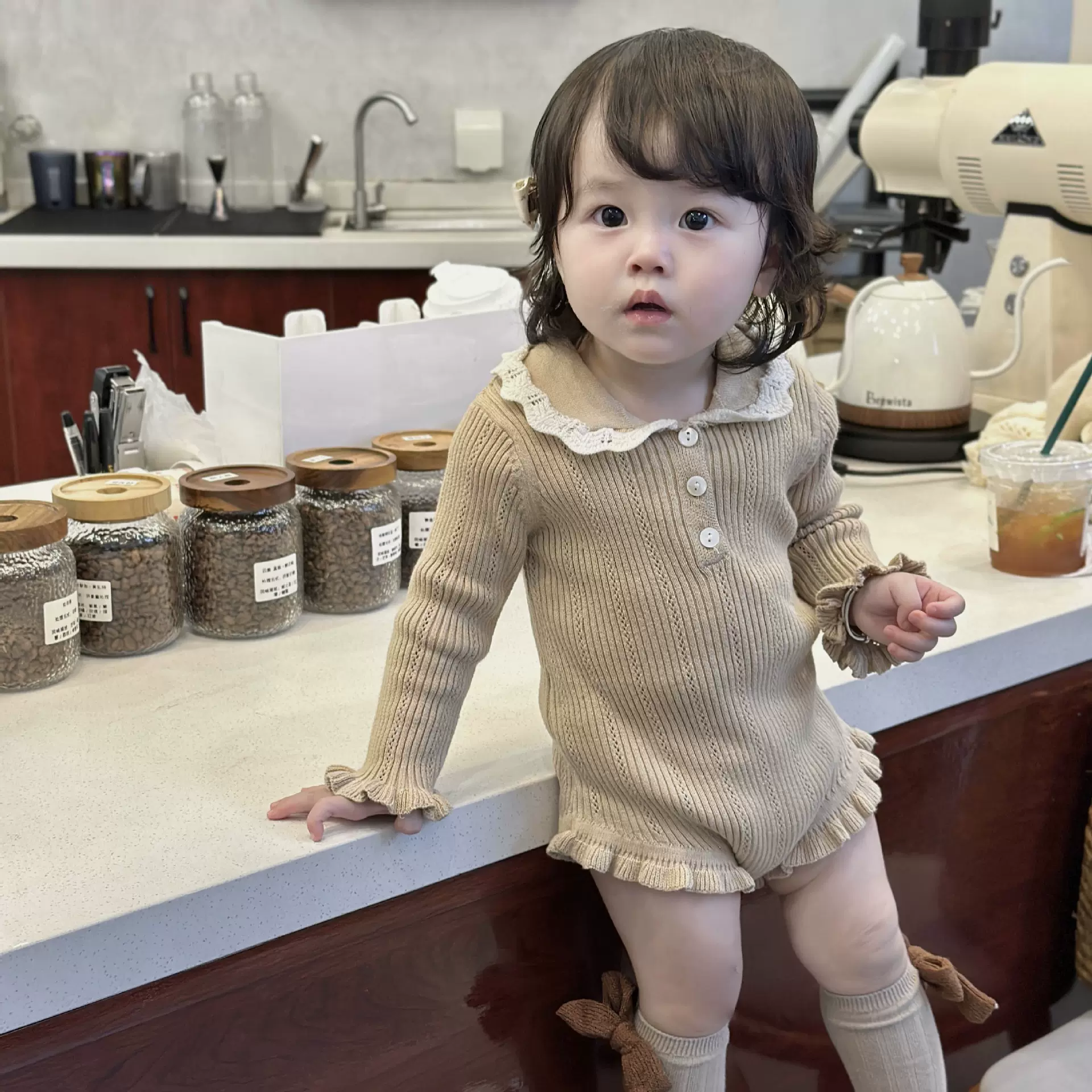 Cutemily女婴ins针织连体翻领爬服女宝春秋坑条长袖撞色三角哈衣