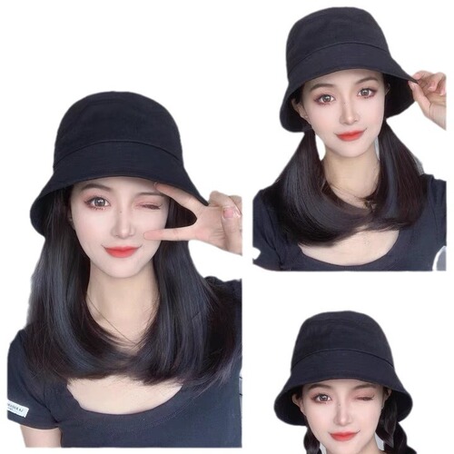 Fisherman Hat Wig Women Summer Fashion One-piece Collarbone Medium Long Hair Fisherman Hat Wig Full Head Cover Imitation Full Real Hair