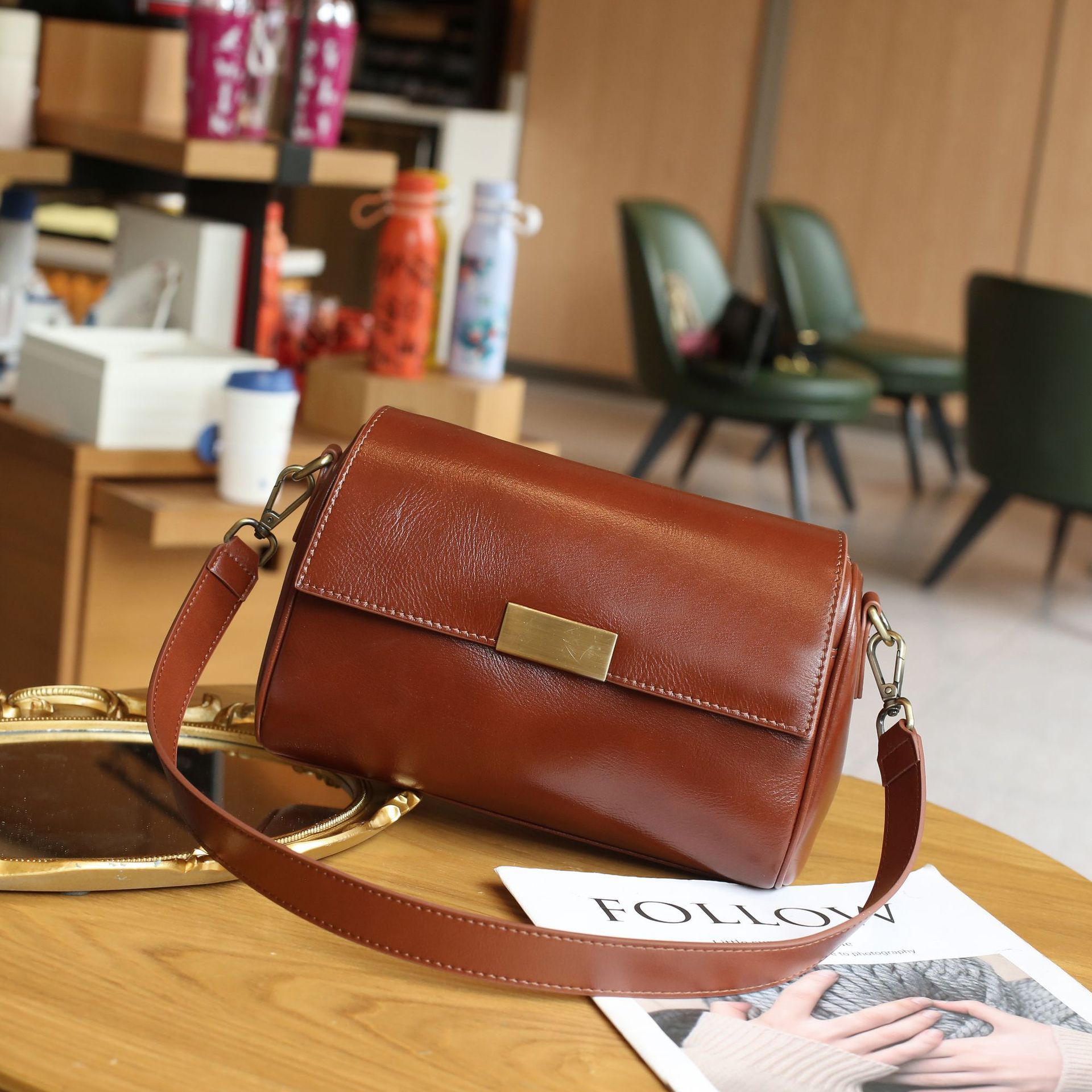 Vegetable Tanned Top Grain Cowhide Women's Shoulder Bag - Fashionable Multi-Compartment Large Capacity Practical Motorcycle Square Bag - Thumbnail 6