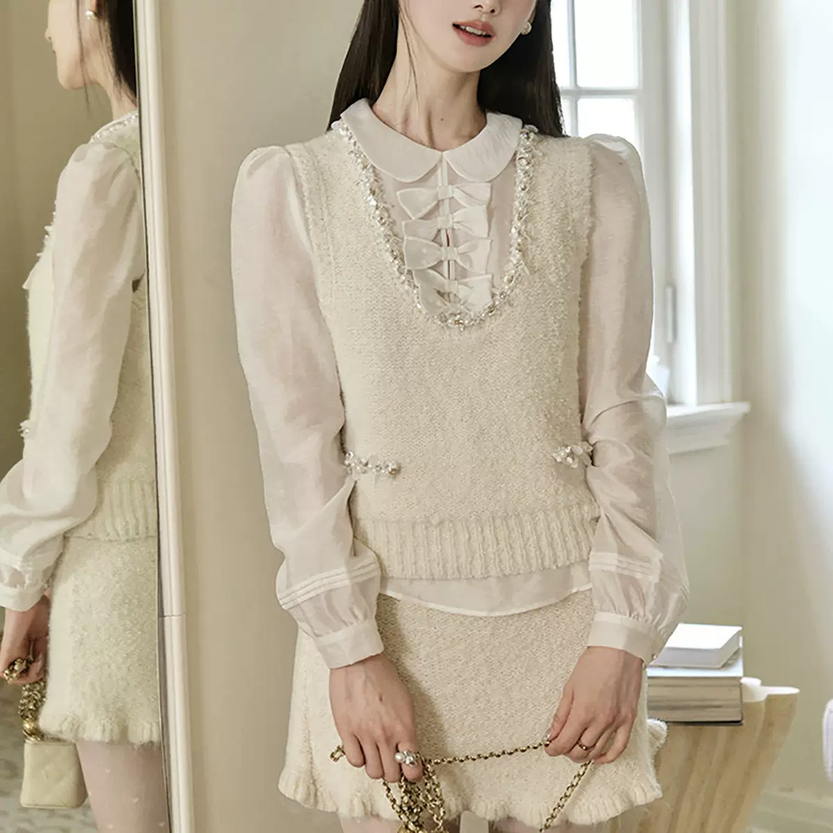 音烛韩女叠穿范 娃娃领白色衬衫羊毛混纺背心半裙套装时尚三件套