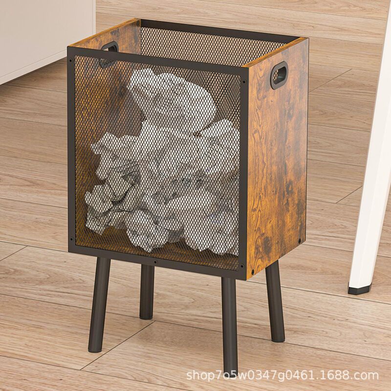 Iron Wood Combined Rectangular Trash Can Office Paper Basket with Handle and Legs Household Breathable Bin Storage Basket