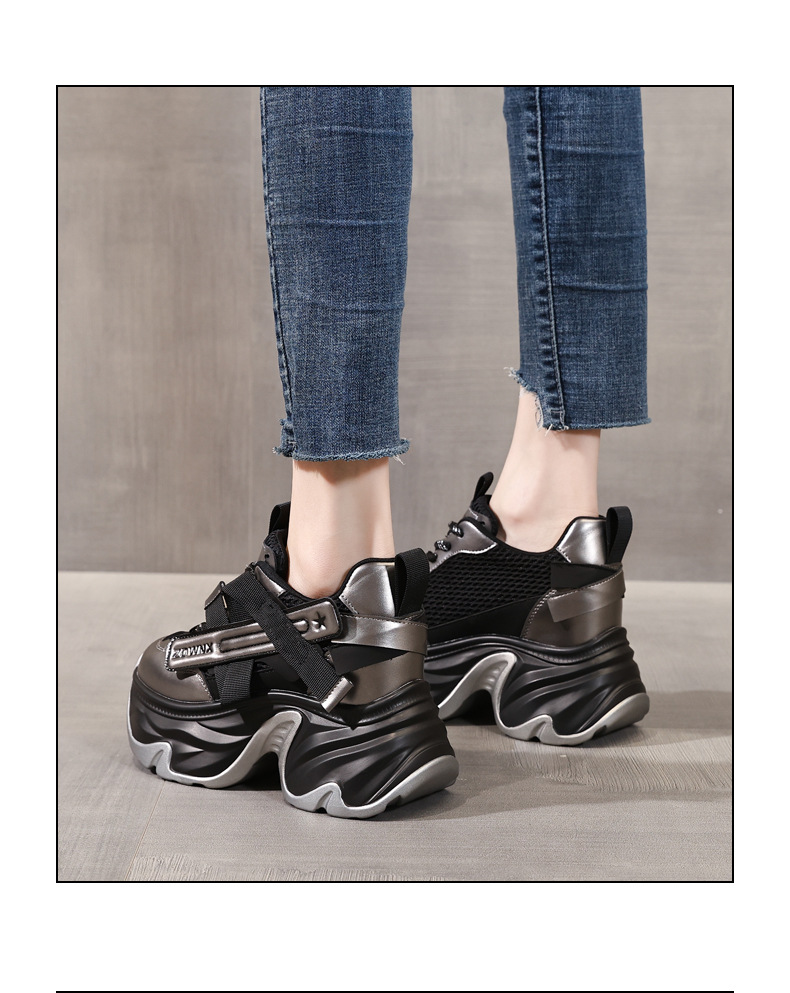 Giày sneaker nữ đế dày tăng chiều cao 11cm, phong cách daddy, lưới thoáng khí — màu đen chi tiết 15