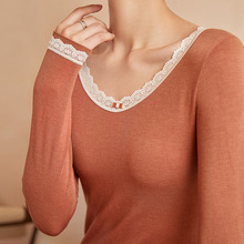 秋冬新款德绒保暖内衣女圆领花边修身绵羊毛发热秋衣秋裤女士套装