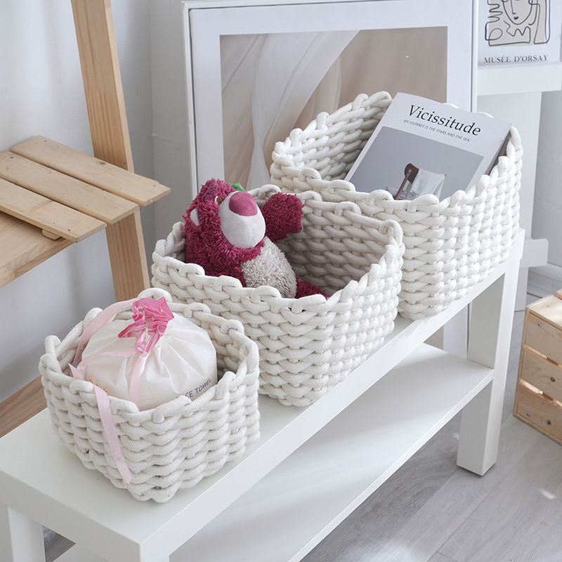 杂物棉绳编织收纳篮 粗面生化妆品玄关口红零食收纳盒