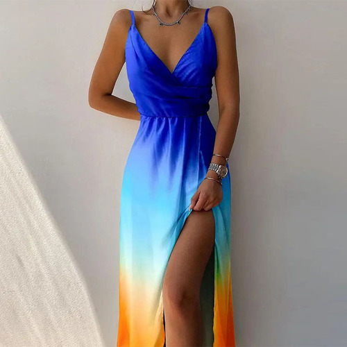 European and American women's fashion 2025 summer Amazon AliExpress independent website spaghetti strap V-neck split printed dress
