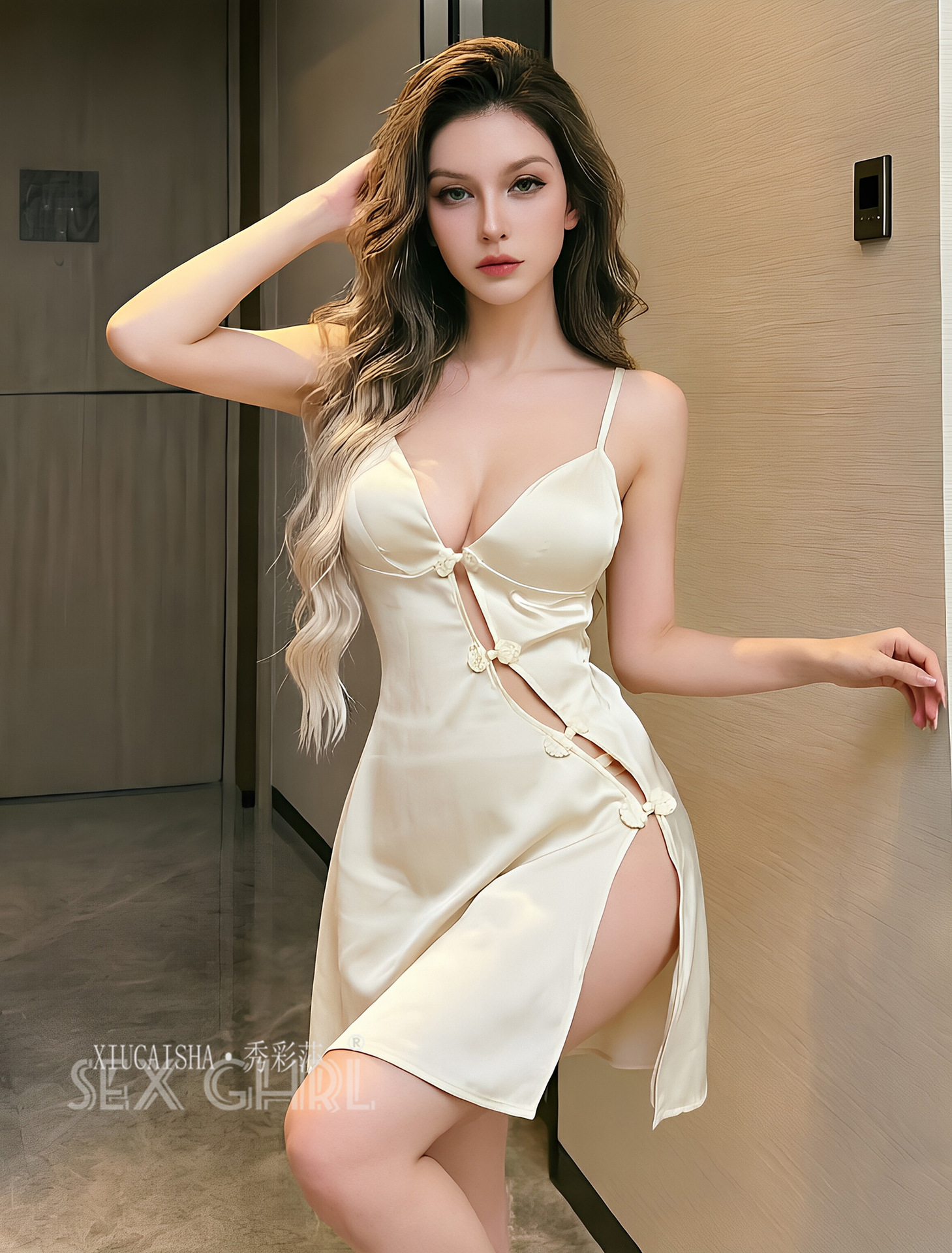 Lace Satin Slip Nightgown Set with Garters, Thong and Stockings, Black — detail image 12