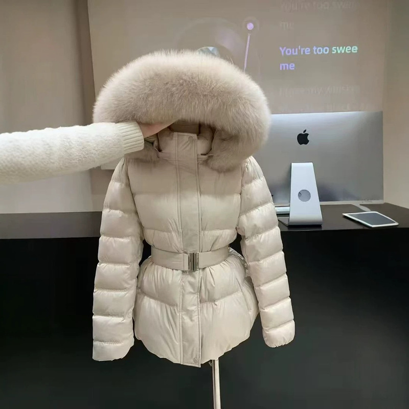 New winter model detachable natural real fox fur collar down jacket for women, mid-length, with a tie waist for warmth