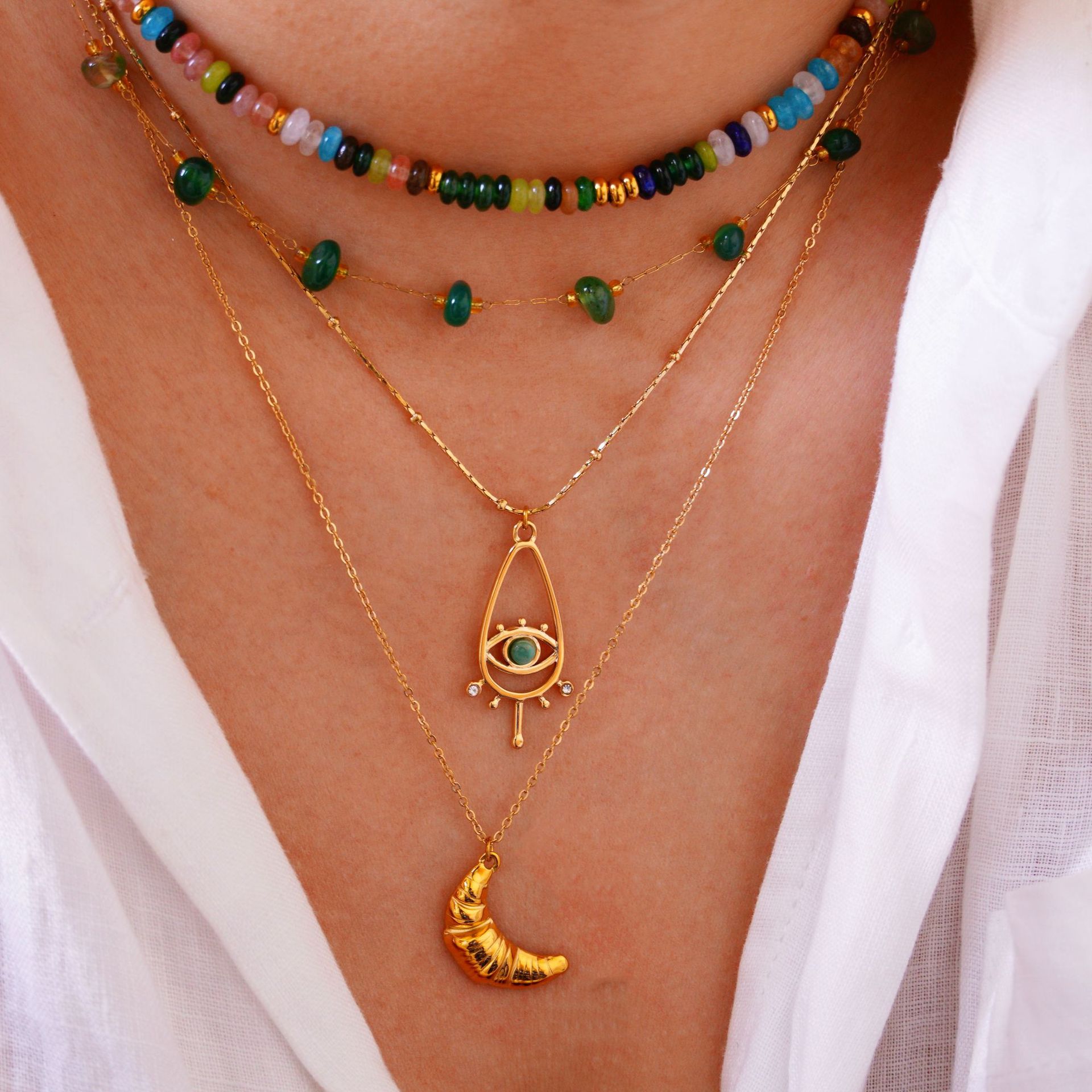 10g Weight Lobster Trigger Clasp Closure Clasp Closure Type Elegant Original Design Lady Geometric Horns Natural Stone Titanium Steel Beaded Chain Cable Chain Necklace In Bulk