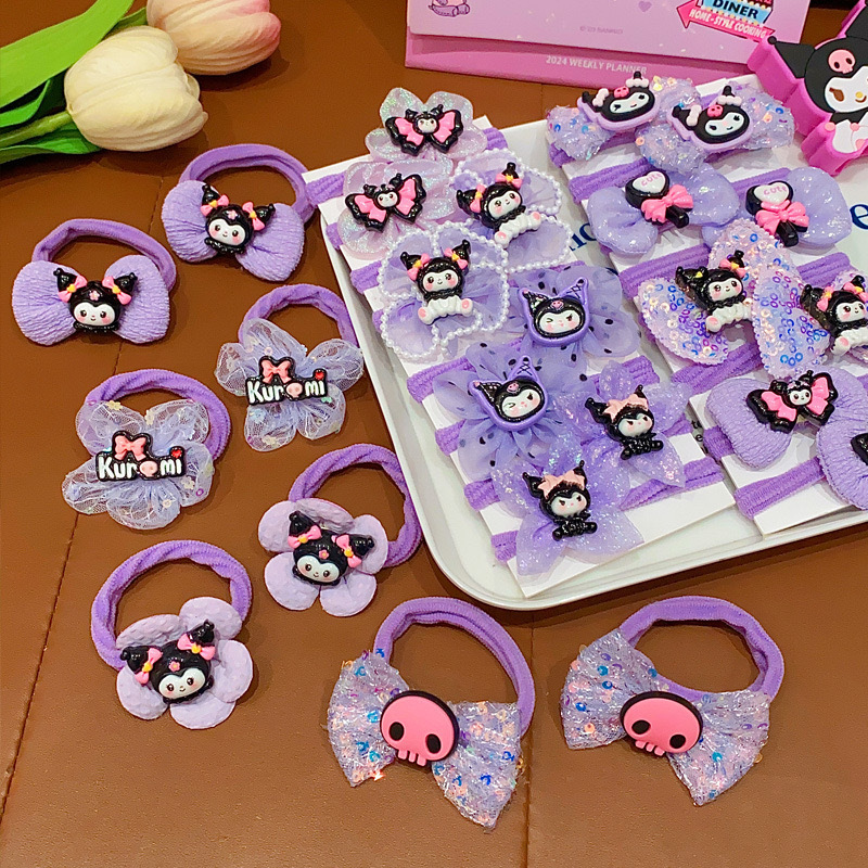 Anillo de toalla de color púrpura para niños de dibujos animados lindos bolas de cabeza de caballo cola de cabello corda de cabello de la niña arco elástico