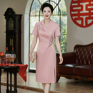 鸿韵绣新款中老年妈妈装夏款连衣裙婚宴装结婚气质短袖日常装