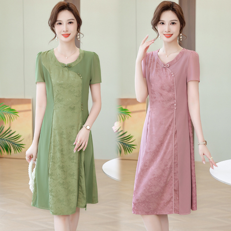 New Chinese Style Mother Summer Dress Cheongsam Dress Retro Elegant Middle-aged and Elderly Women's Summer New Style Dress Western Style dress Dress