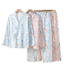 四码棉质双层纱布和服款月子服套装女四季薄款孕期产后可哺乳睡衣