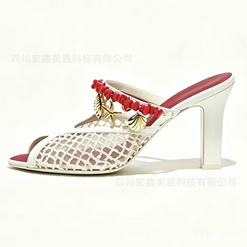 2026 New Foreign Trade Mesh Sandals Hollow Woven Sandals Women's Chunky High Heels Slippers with Metal Decorative Buckles