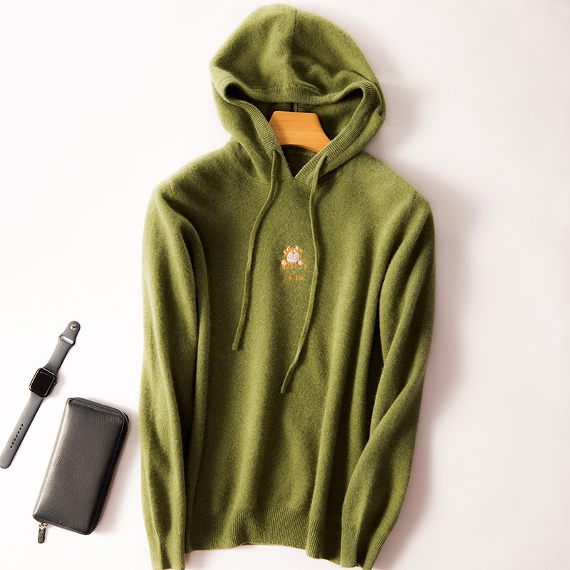 Autumn and Winter New 100 Pure Cashmere Sweater Men's Thickened Hoodie Embroidered Sweater Loose Casual Wool Knitted Sweater Base