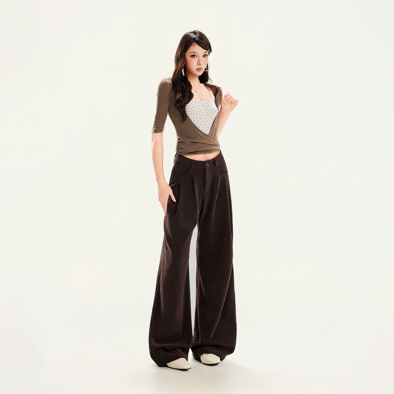 YECHUAN # Women's Maillard Brown Pants 2026 Autumn New American Retro Loose Corduroy Wide-Leg Pants