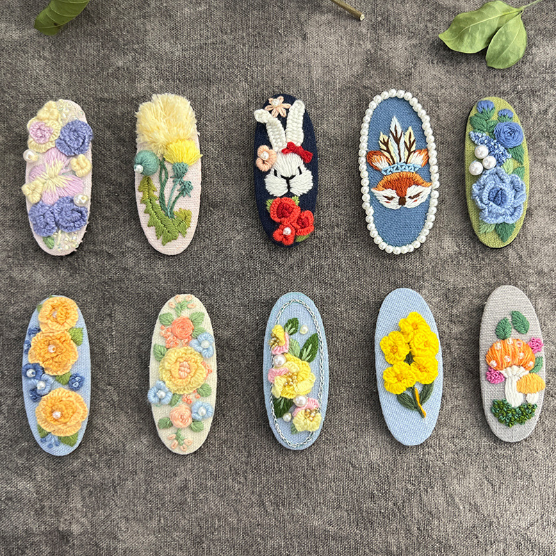 Lu bordado lindo gato perla coreano pinzas de pelo hechas a mano diy bordado creativo para chicas rotas flores pinzas de pelo lateral