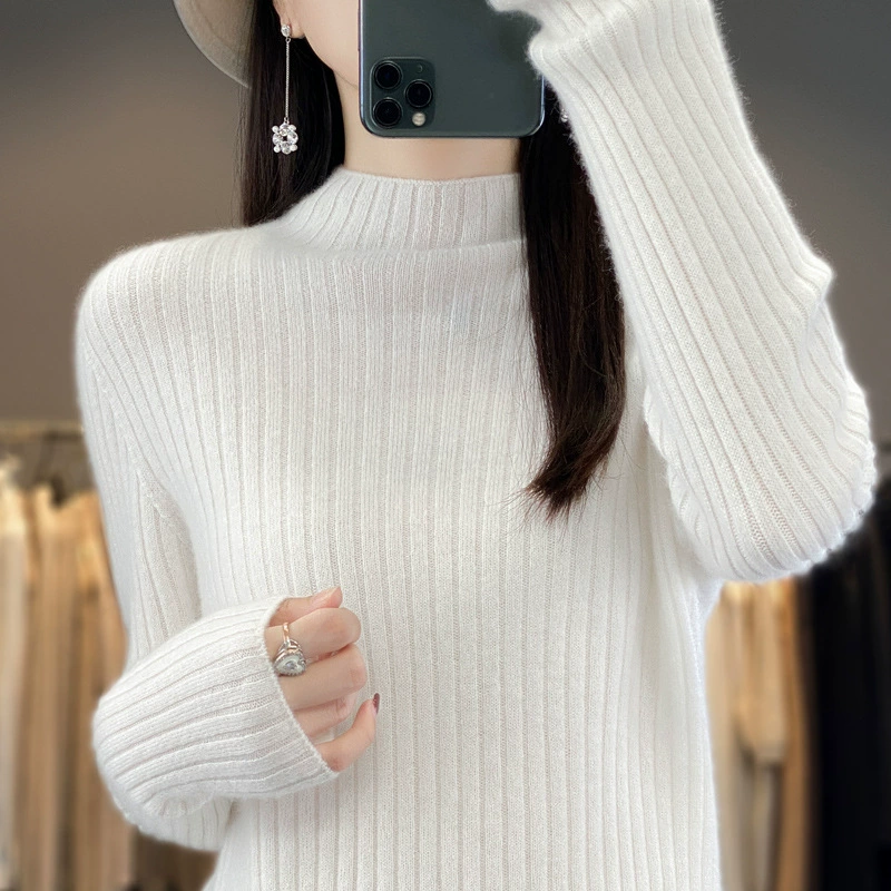 2024 осень и зима новый пол-высокий воротник чистый шерстяной свитер женский ямный трикотажный топ стройный дикий шерстяной свитер свободный