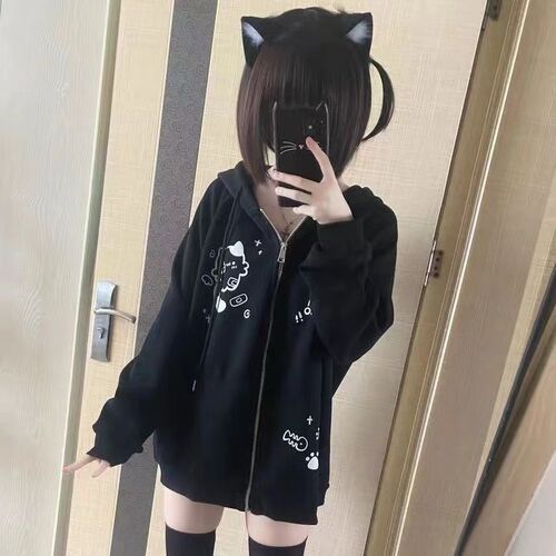 Japanese cute soft girl spring autumn winter cartoon cat hooded sweatshirt women versatile outerwear