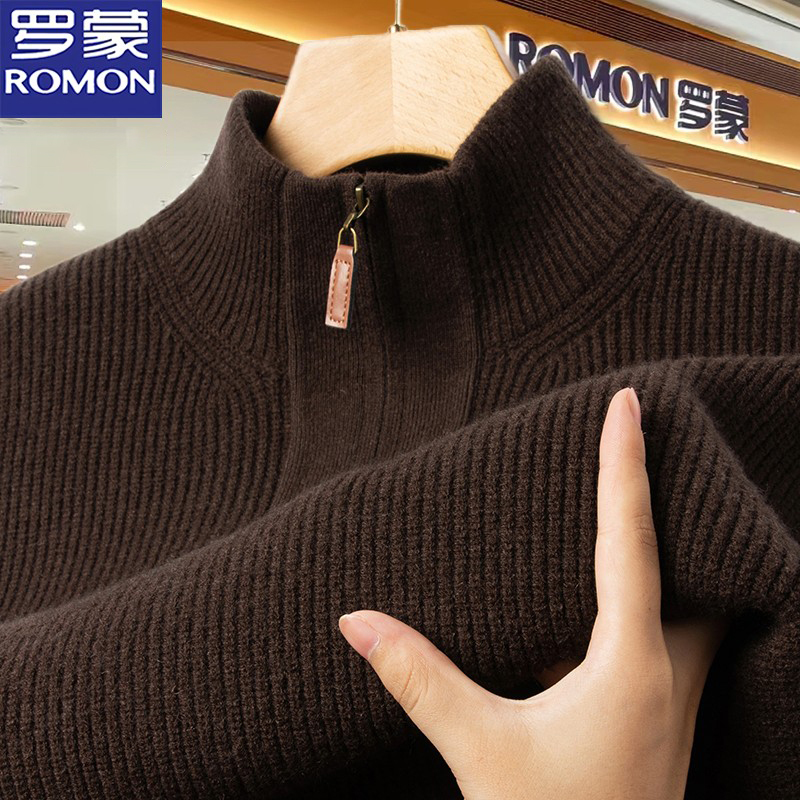 Romon Autumn and Winter New Accessible Luxury Zipper Half Turtleneck Knitwear Men's Casual Versatile Pure Color Knitwear Warm Top