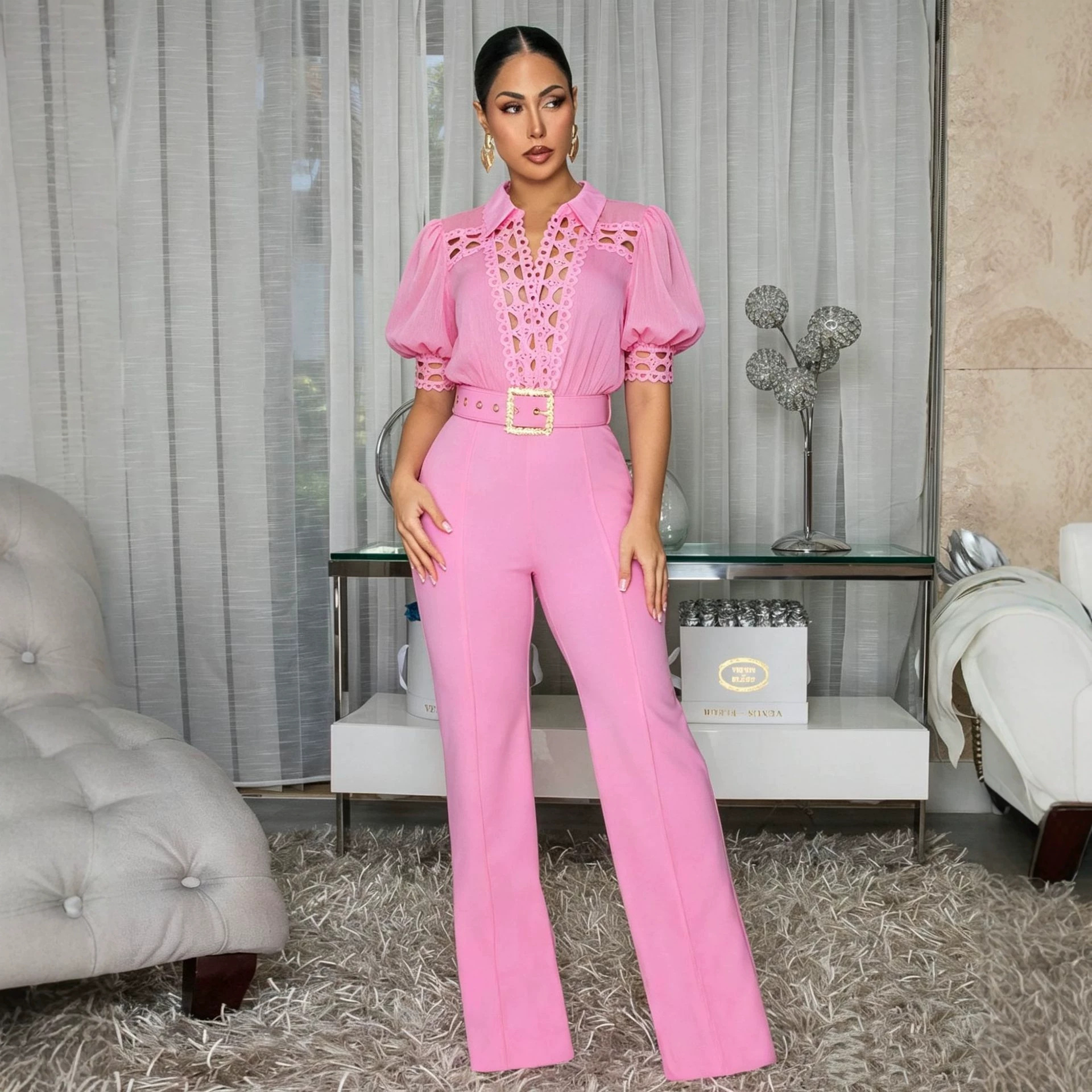 AJ4505 suministro transfronterizo de ropa de mujer europea y americana elegante personalidad de encaje empalmado correa pantalones de piernas anchas