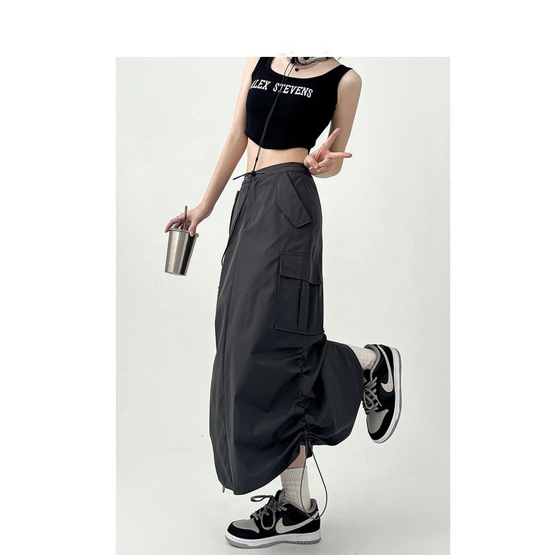 American Style Retro Tooling Skirt Women's High Waist Slimming Design Sense Drawstring Pleated Slimming Niche Functional Style Skirt