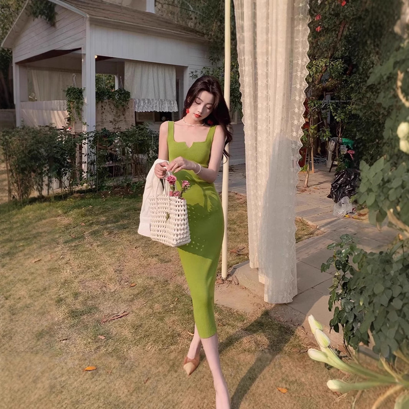 Chuqing Independent French Style Avocado Green Knitted Suspender Dress Women's Summer Slim Inner Vest Dress Chuqing Independent French Style Avocado Green Knitted Suspender Dress Women's Summer Slim Inner Vest Dress