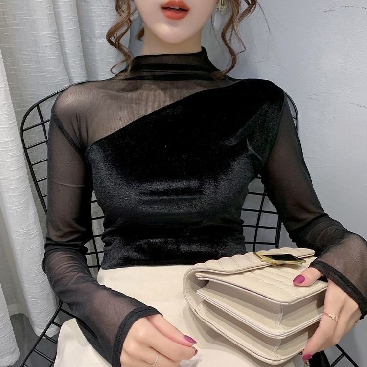 Anti-snagging, high-neck lace undershirt for women, sexy hollowed-out gold velvet and mesh splicing, long-sleeved inner top.