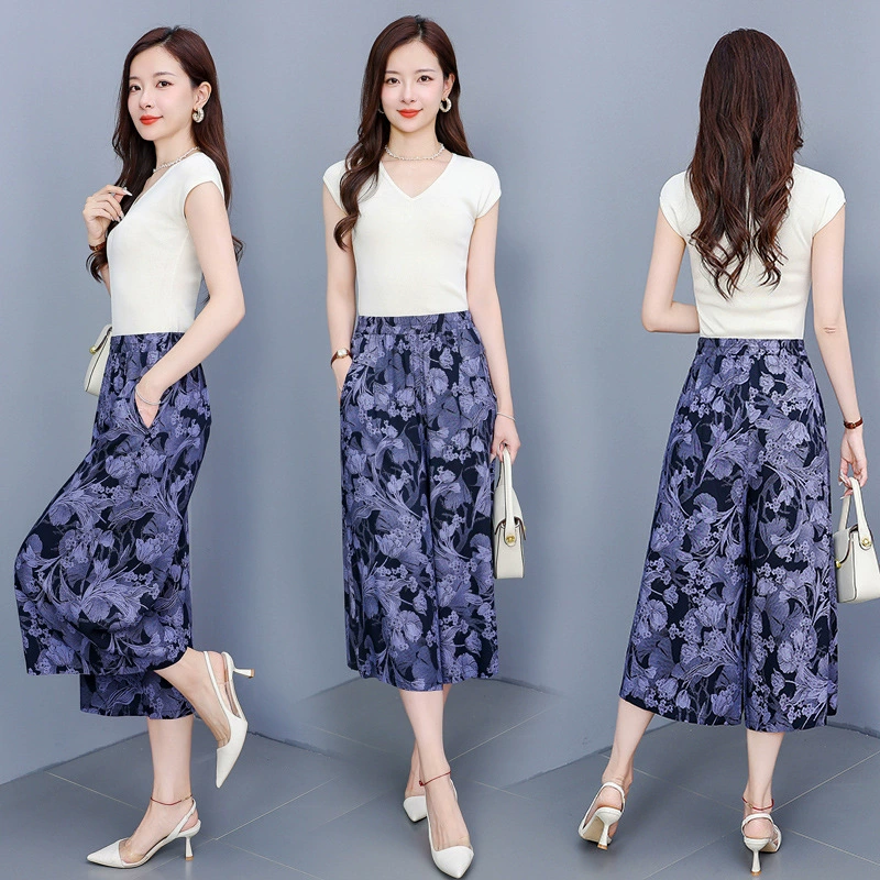 Летние новые девятиочковые широкие брюки женская мода большой размер юбки эластичного с высокой талией хлопчатобумажного шелка цветочные брюки мамочки танцевальные брюки