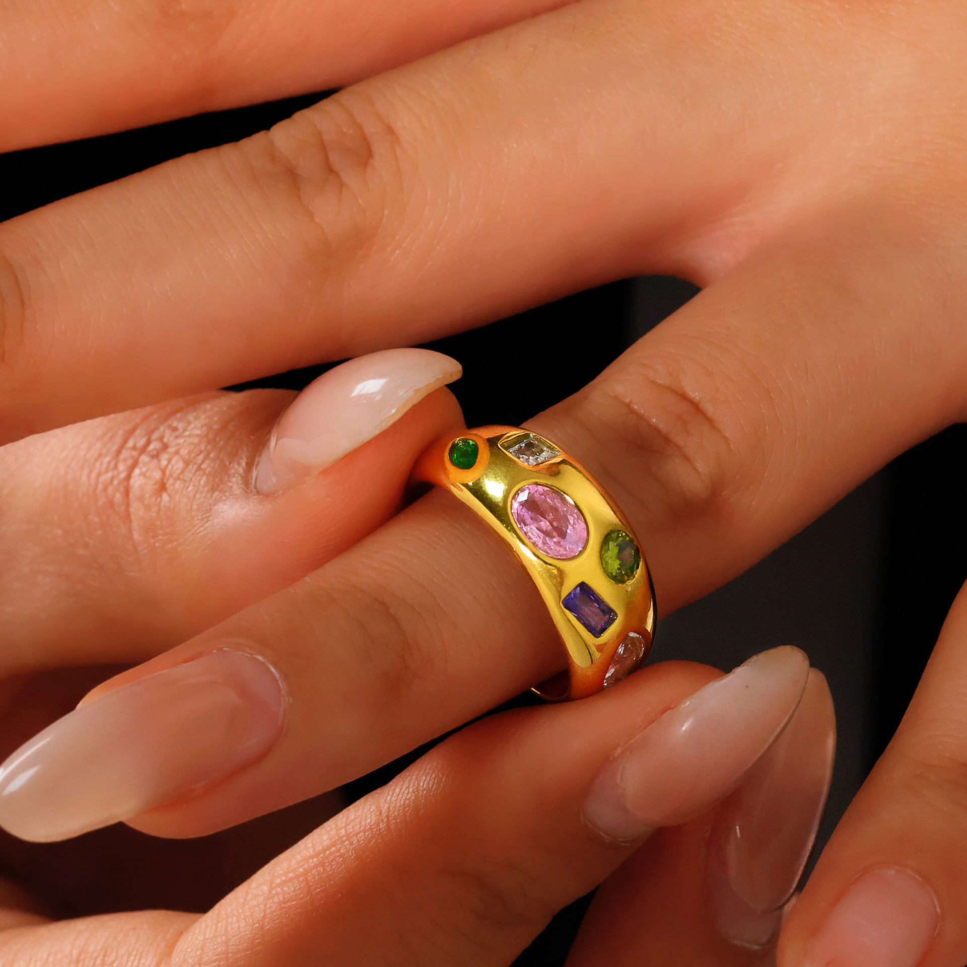 Zircon Light Luxury Titanium Steel Ring Vacuum Electroplating Anti-Fading Daily Commuting Jewelry Women's Accessories Source Factory Wholesale