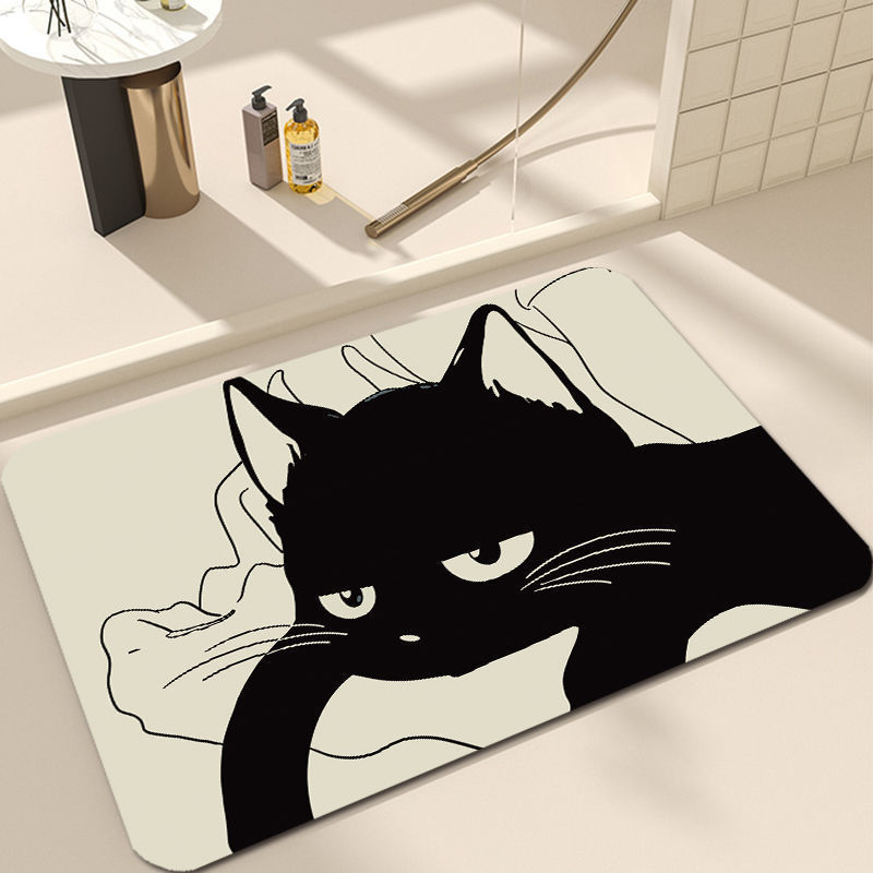 卡通黑猫硅藻泥地垫浴室吸水速干耐脏脚垫厕所防滑耐磨易打理地垫|undefined