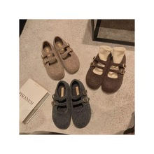 羊毛版复古双排扣毛呢平底玛丽珍鞋女单鞋冬季加绒保暖棉鞋毛毛鞋