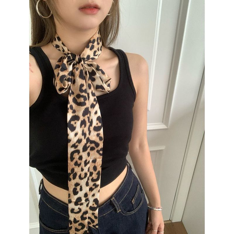 (2개) 레오파드 프린트 에스테틱 레트로 좁은 롱 스카프 여성 헤드밴드 실크 스카프 헤어타이 패션 디자인 스카프 벨트 액세서리