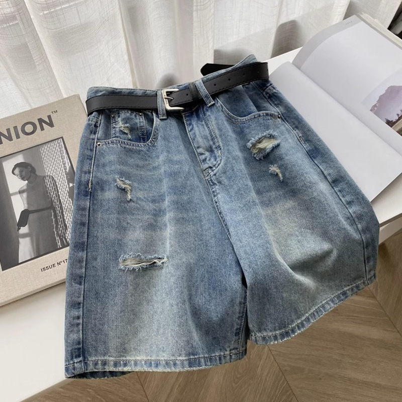 Ripped Denim Shorts for Women, Summer Thin Style, Plus-Size, Hip-Covering, Slimming, Wide-Leg, Mid-Length Shorts, Pear-Shaped Body Pants