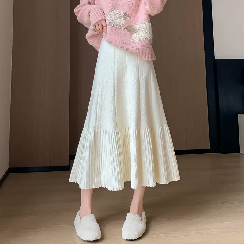 针织百褶半身裙女秋冬2025新款小个子高腰显瘦中长款a字伞裙长裙