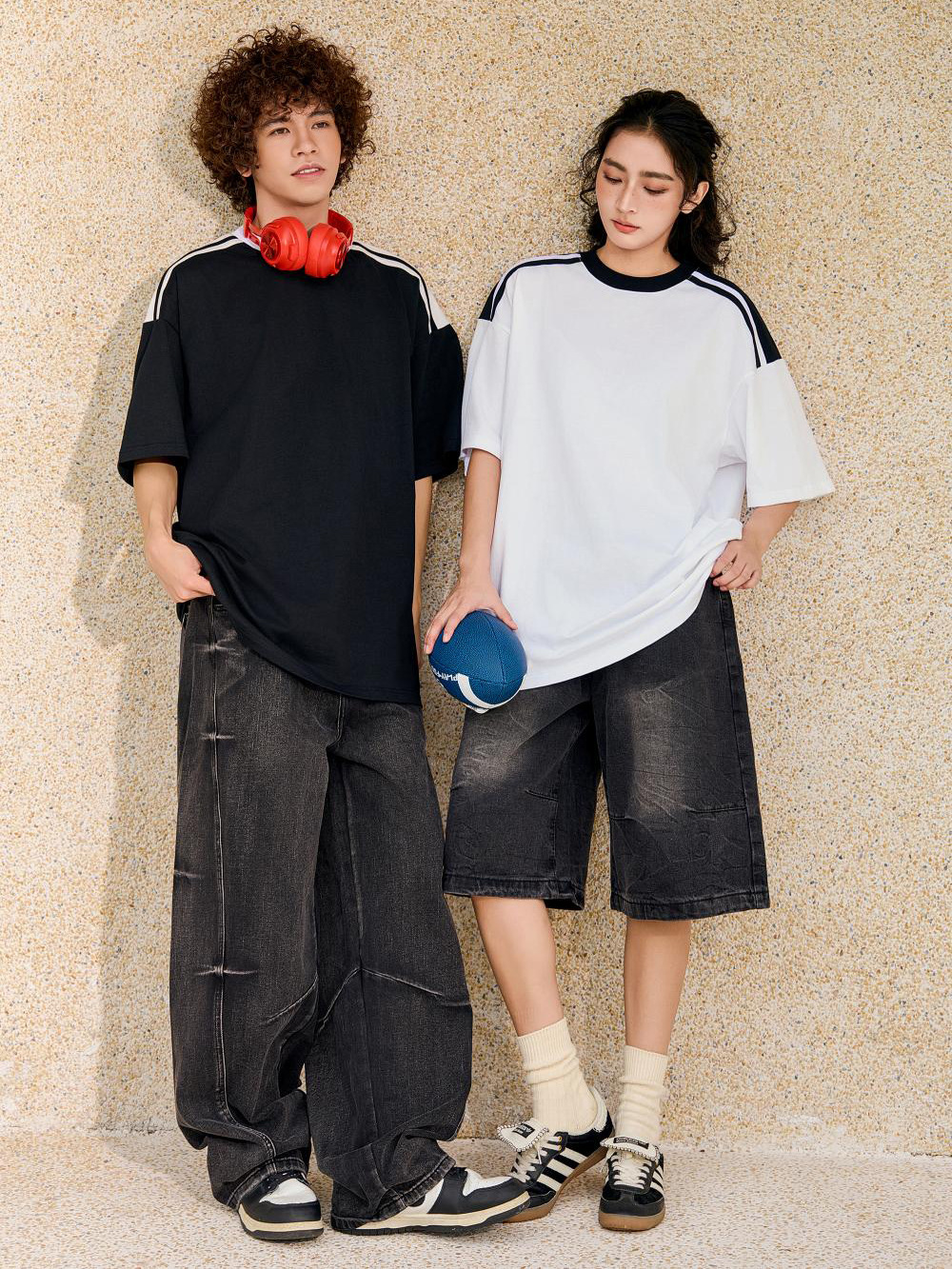 240g de algodón pesado suelto de hombro de color combinado de manga corta de moda masculina y femenina de media manga ropa de verano impresa logotipo