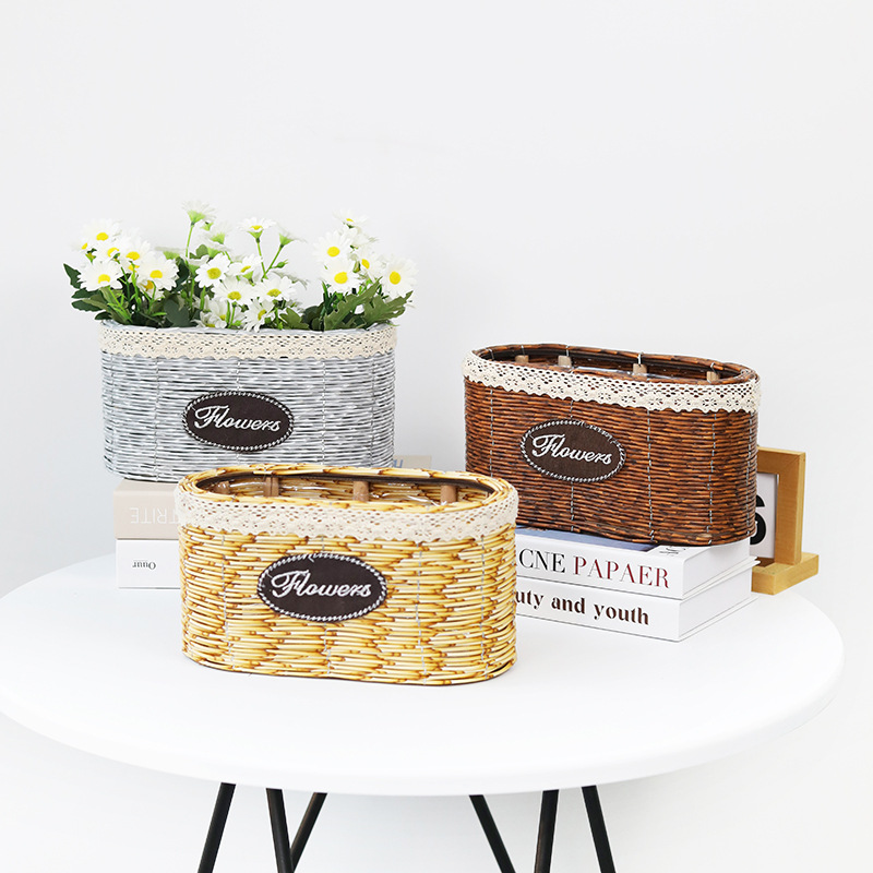 田園仿藤編花盆橢圓形花籃仿竹編綠植花盆花店插花籃子客廳收納籃