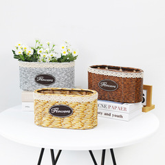 田園仿藤編花盆橢圓形花籃仿竹編綠植花盆花店插花籃子客廳收納籃