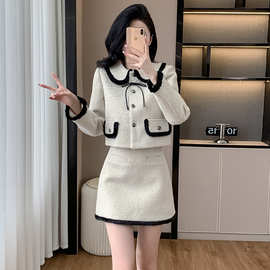 2025秋冬新款小香风撞色拼接毛毛外套女加厚羊毛粗花呢条纹两件套