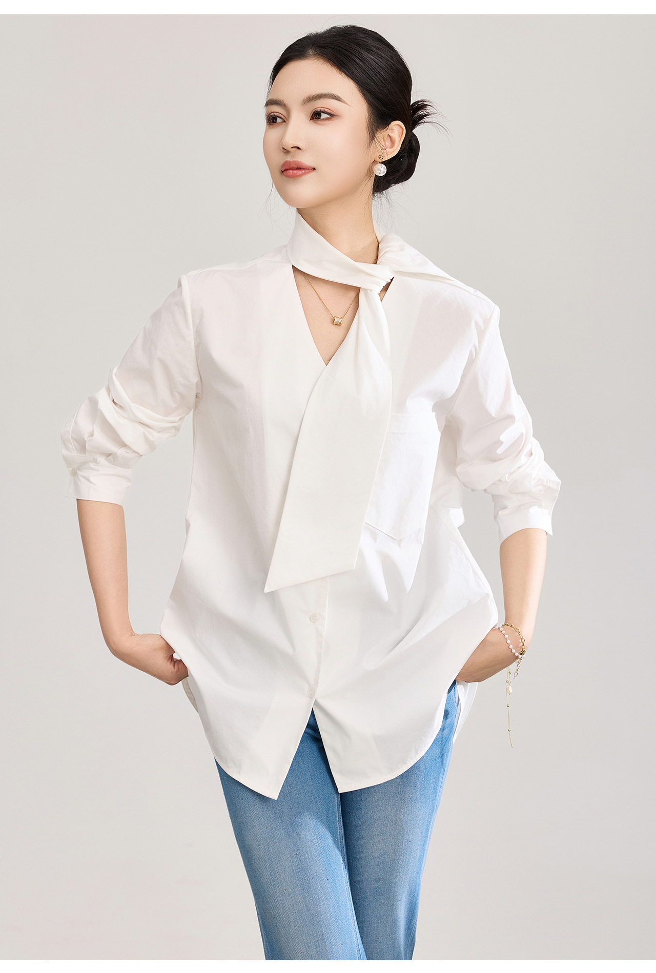 Áo sơ mi nữ dài tay cổ V phối dây rua, chất cotton mềm mại không nhăn — Vàng sữa chi tiết 20